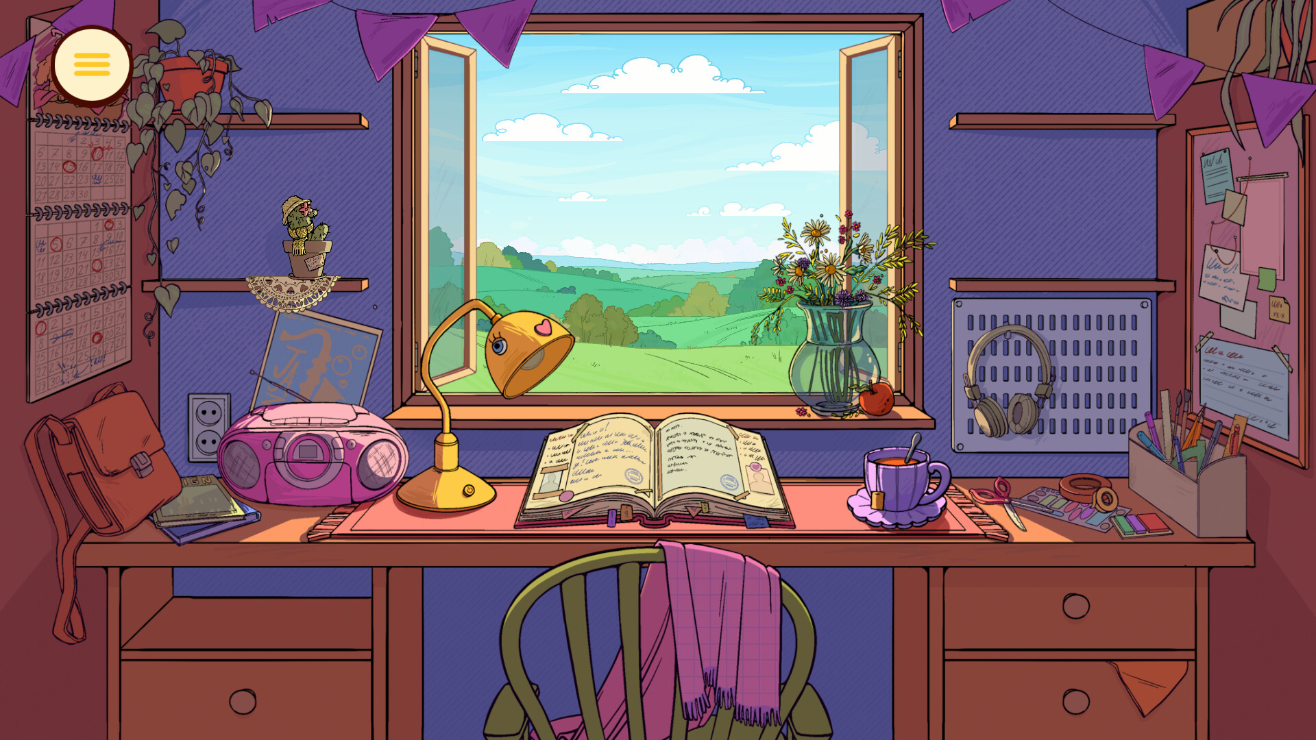 Neat! isometric screenshot of Molly organizing a cluttered cozy interior with shelves, boxes, and warm lighting